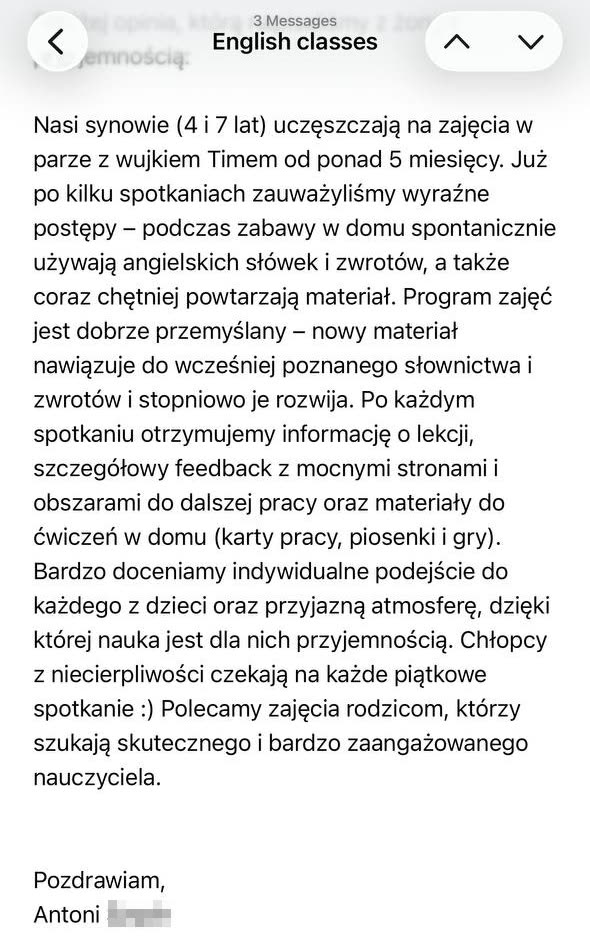Original email from Antoni, a parent, about Tim's English classes