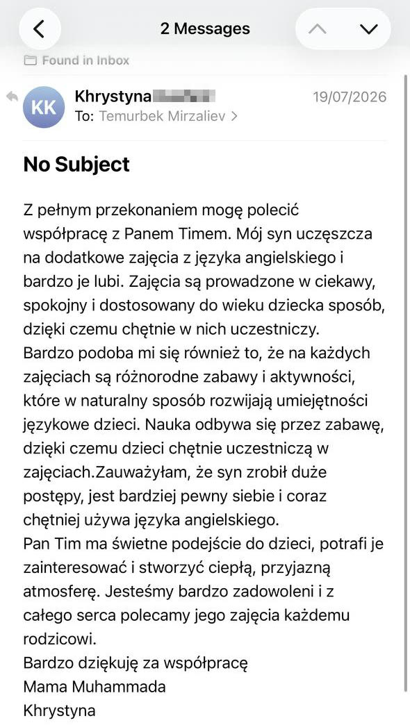 Original email from Khrystyna, a parent, about Tim's English classes